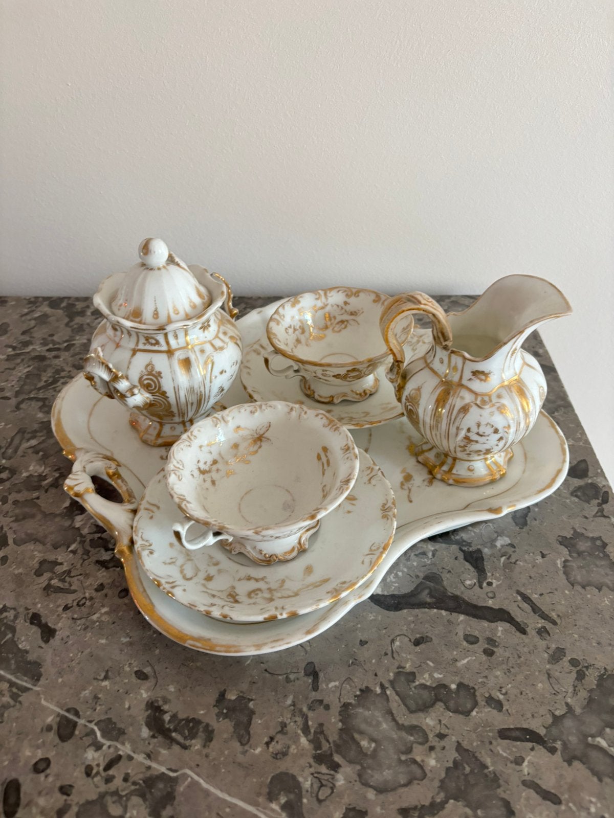 Volledige tête-à-tête servies Parijs porselein wit en goud, Ophalen