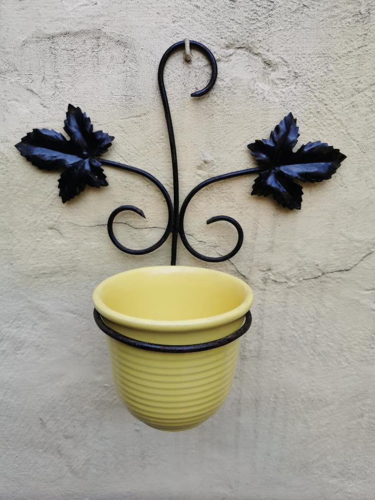 Vintage MCM bloempot hanger wandhanger bladmotief met potje, Tuin en Terras, Ophalen of Verzenden, Gebruikt