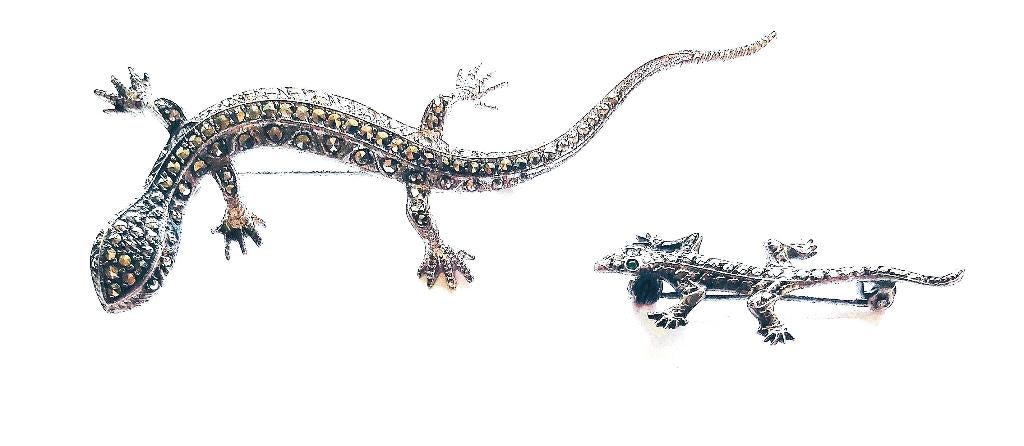 Broches salamandre en marcassite en argent, Enlèvement ou Envoi, 7 à 10 cm, Comme neuf, Argent