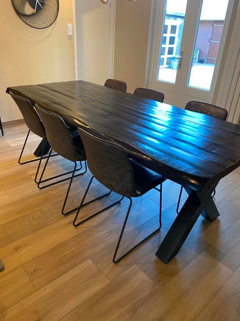 zwarte eettafel met metalen poten (+ 6 gratis stoelen), Huis en Inrichting, Tafels | Eettafels, Gebruikt, 200 cm of meer, Vijf personen of meer