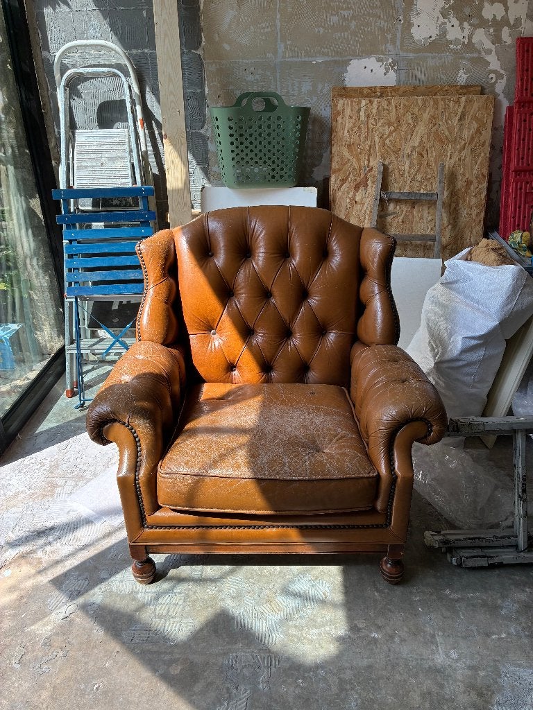 Lederen zetel - bruin - 1 zit, Ophalen, Gebruikt, Eenpersoons, Chesterfield