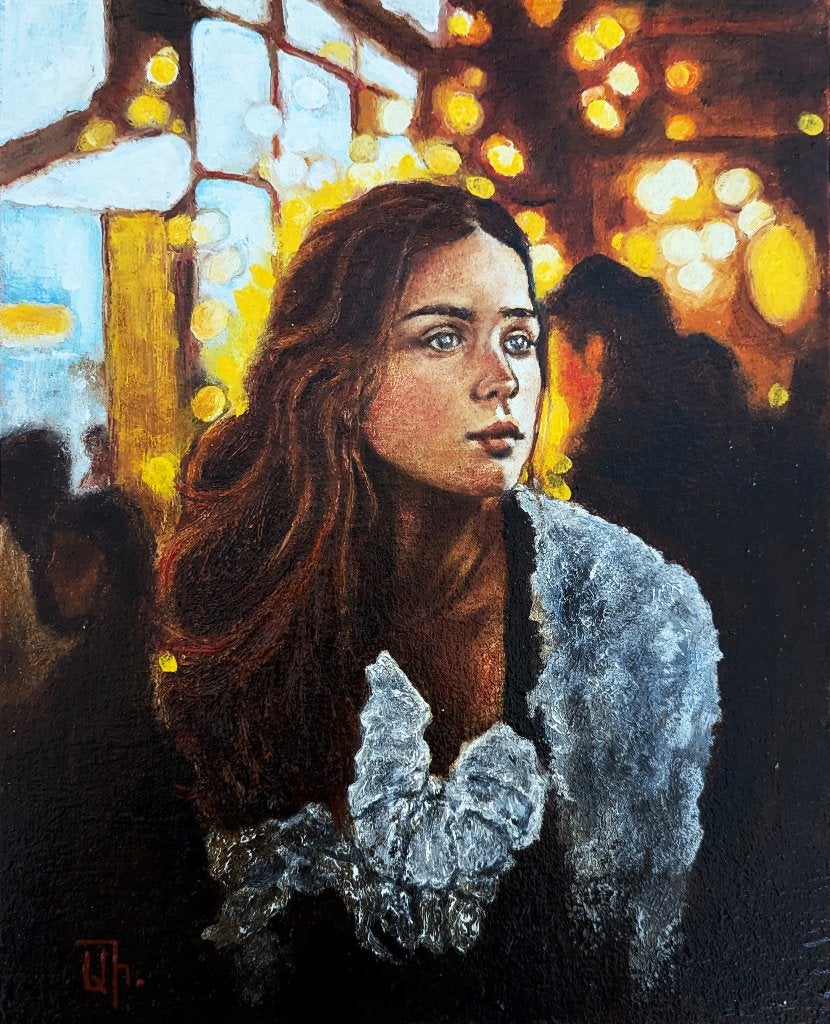 « Au café » Peinture originale encadrée, Textile, Peinture à l'huile, Portrait, Passe-partout