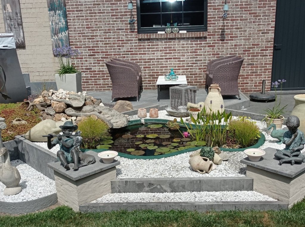 polyester vijver + 2 watervallen in steen + pomp + darm, Jardin & Terrasse, Accessoires pour étangs, Enlèvement, Utilisé, Autres types