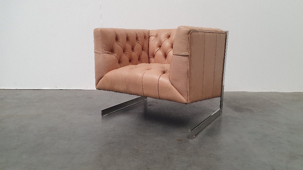 chesterfield vintage design fauteuil camel beige leer kubus, Ophalen