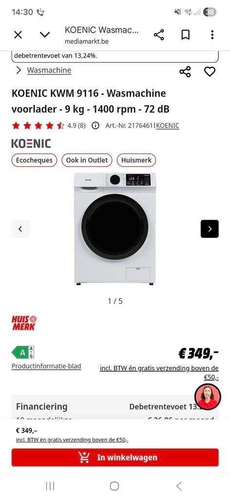 Wasmachine 9 kg  NIEUWE Ongeopend, Ophalen, Voorlader