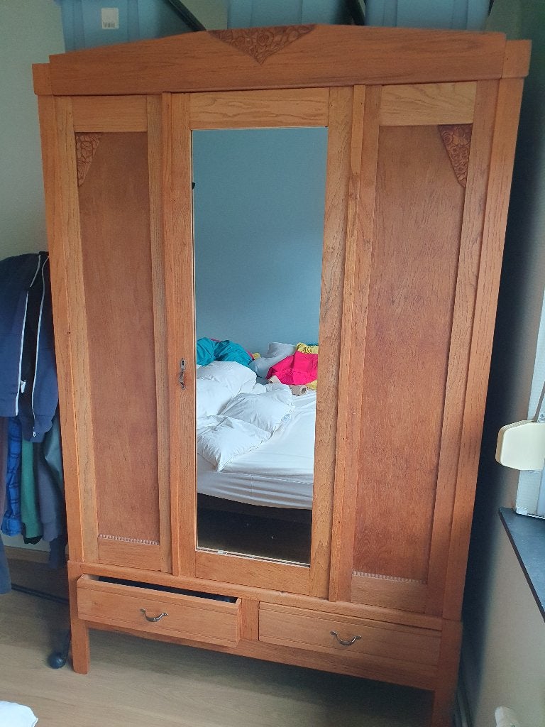 Ancienne penderie en bois avec miroir (armoire, garde robe), Maison & Meubles, Ancien, Comme neuf, 100 à 150 cm, Enlèvement
