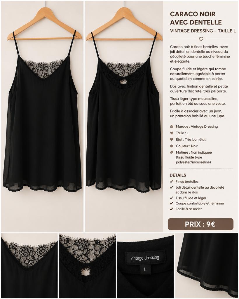 Caraco noir fluide avec dentelle–Taille L – élégant et léger, Kleding | Dames, Topjes, Zo goed als nieuw, Maat 42/44 (L), Zwart