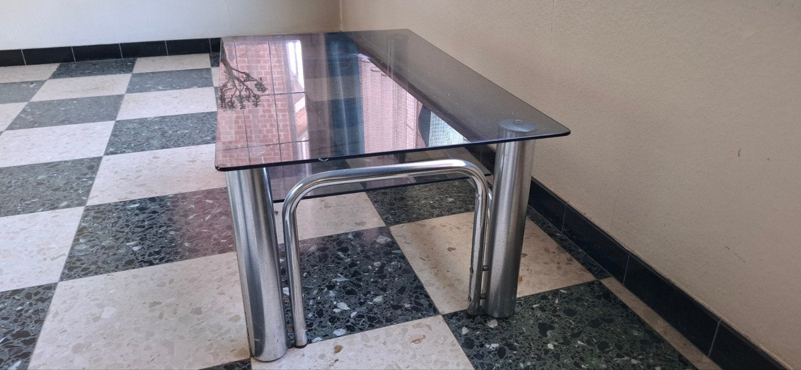 Set de 3 tables vintage, Utilisé, Gris, Verre, Vintage