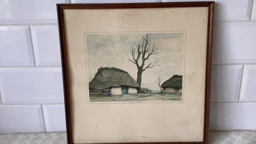 Tekening met aquarel op papier “de schuren “ Dirk baksteen, Antiek en Kunst, Kunst | Etsen en Gravures, Ophalen of Verzenden