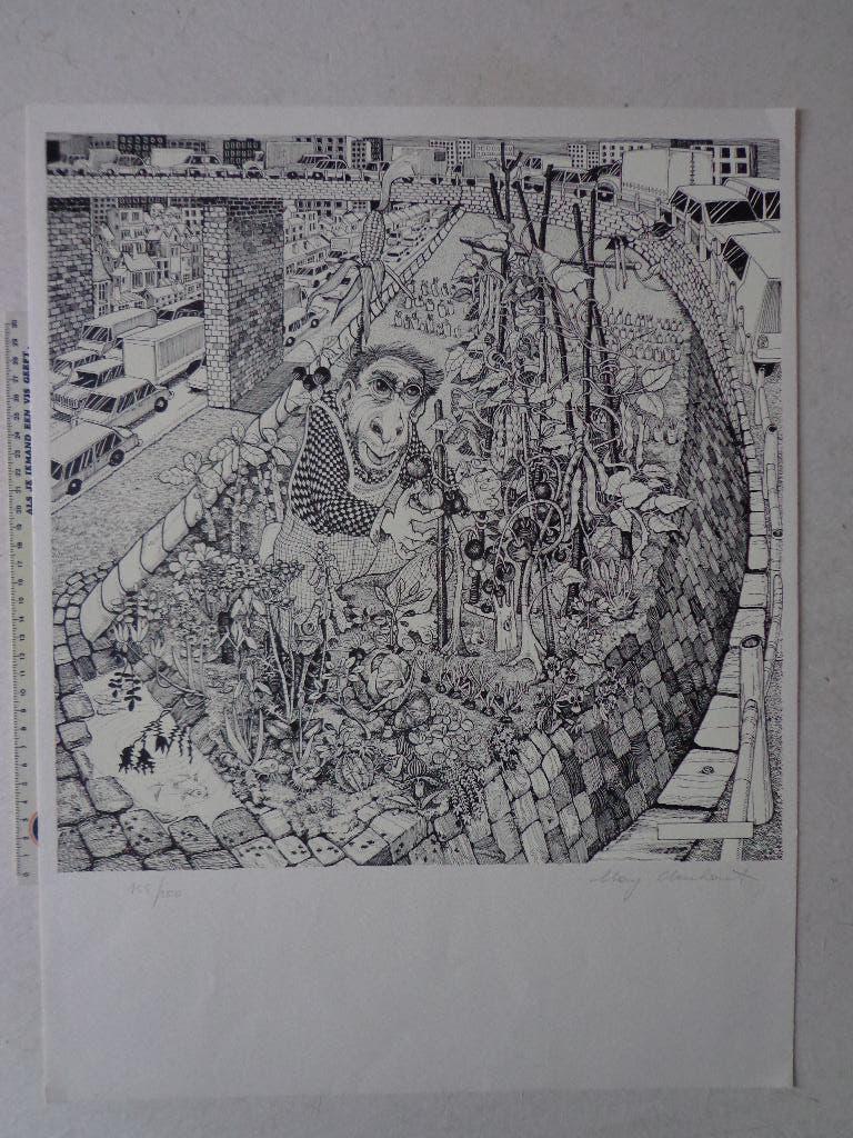 Typische litho May Claerhout "Moestuin in de stad", Antiek en Kunst, Ophalen of Verzenden