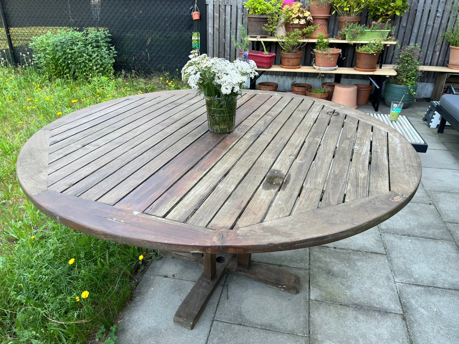 Ronde tuintafel, Tuin en Terras, Ophalen, Gebruikt, Planken, Hardhout
