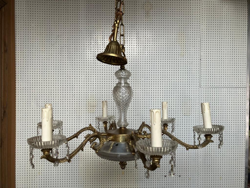 Vintage 5-armige messing kroonluchter, Ophalen, Koper