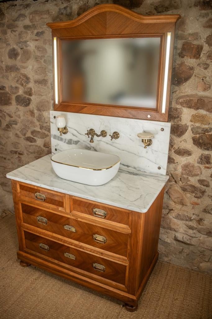 Meuble sous vasque bois et marbre avec miroir éclairant, Enlèvement ou Envoi, Meuble lavabo, Comme neuf, 100 à 150 cm