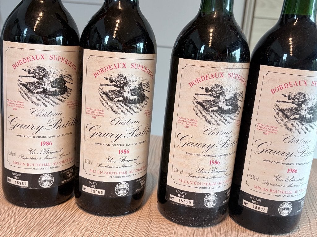 4 x Château Gaury Balette, 1986,  Yon Bernard 1986,, Verzamelen, Ophalen, Frankrijk, Nieuw, Rode wijn