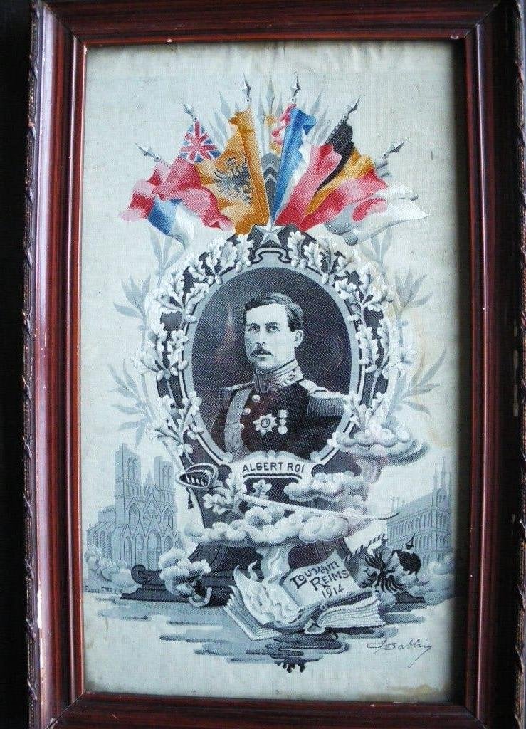 Roi Albert I Louvain Reims 1914 soie encadrée sous verre, Collections, Objets militaires | Général, Envoi, Armée de terre, Objet d'art