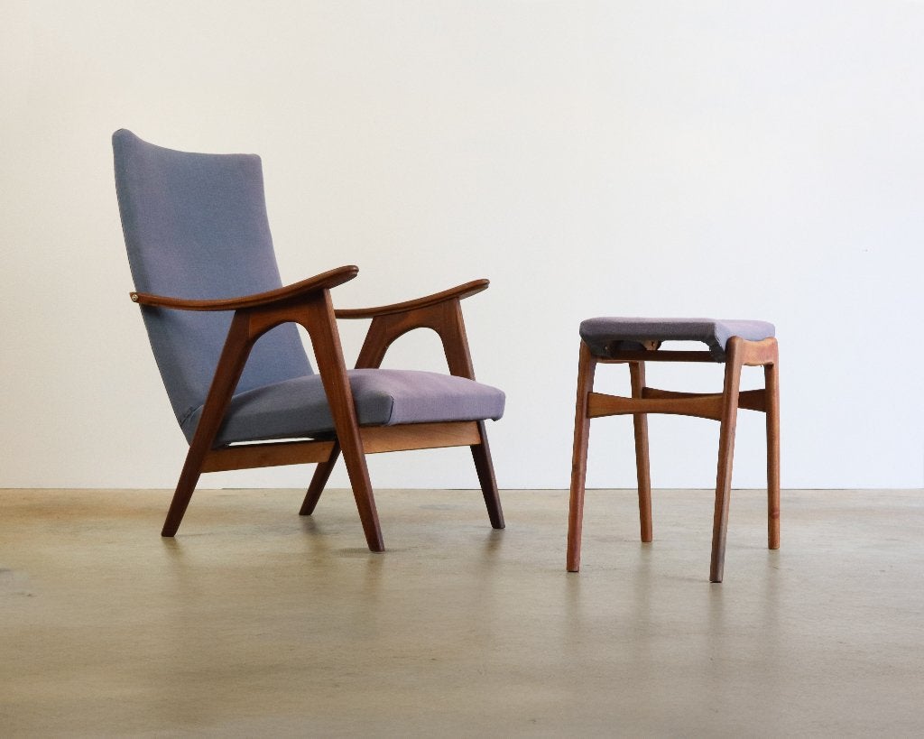Mid century vintage lounge fauteuil en hocker scandinavisch, Ophalen, Hout, Gebruikt, Vintage mid century design