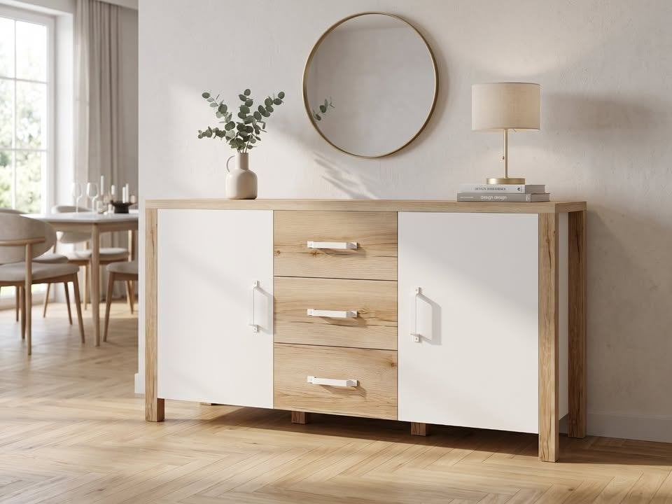 Buffet/bahut OLIANNE 2 portes 3 tiroirs chêne naturel/blanc, Neuf, 25 à 50 cm, Autres matériaux, Moins de 150 cm