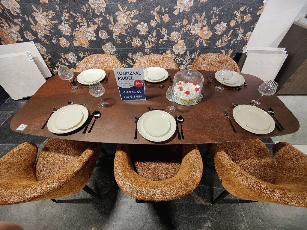 design eettafel keramisch blad + 6 stoelen (toonzaalmodel), Huis en Inrichting, Tafels | Eettafels, Ophalen, Modern, corten, 200 cm of meer