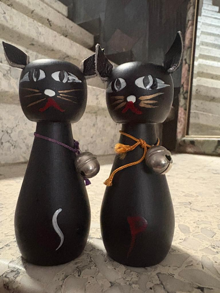 Vintage hout katten peper en zout stel, Antiek en Kunst, Curiosa en Brocante, Ophalen of Verzenden