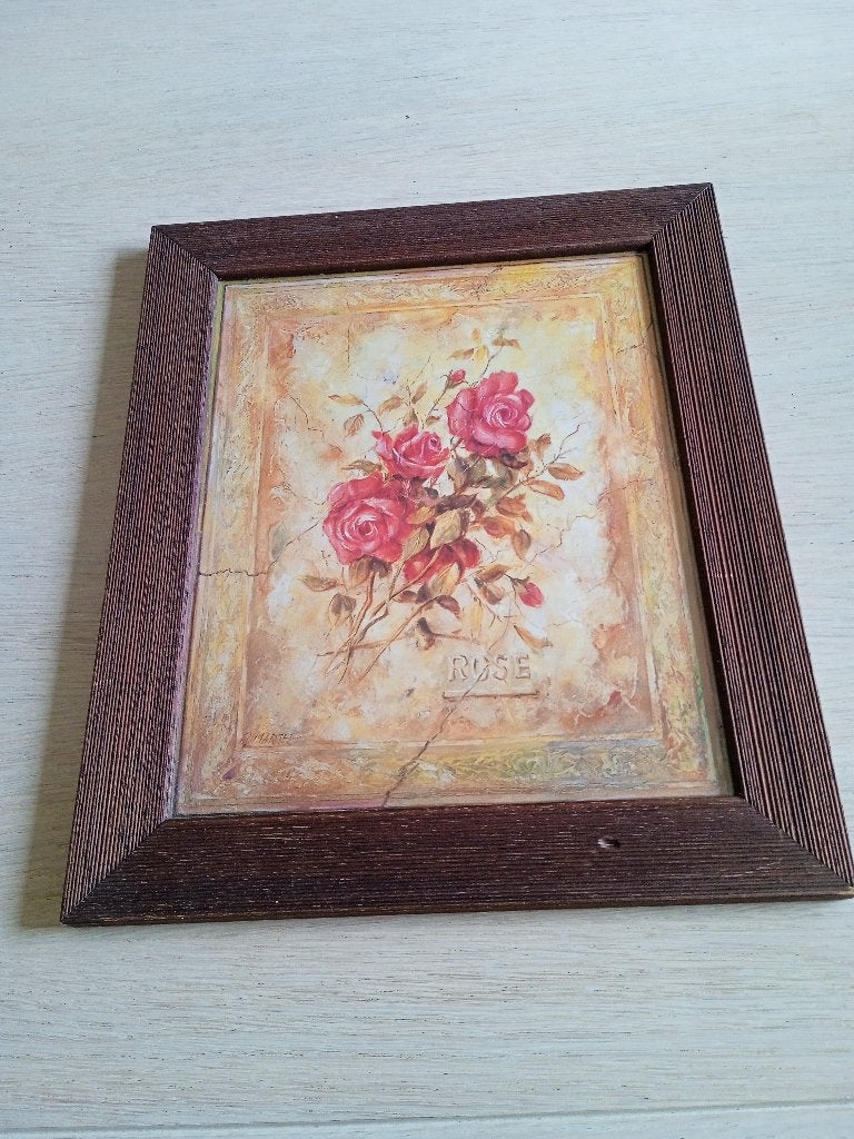 vintage houten kader met bloemprent achter glas, Vintage, Ophalen of Verzenden, Zo goed als nieuw, Achter glas