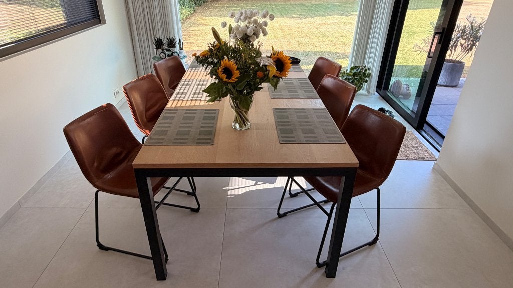 Tafel + stoelen, Huis en Inrichting, Tafels | Eettafels, Ophalen, Gebruikt, 100 tot 150 cm, Vijf personen of meer