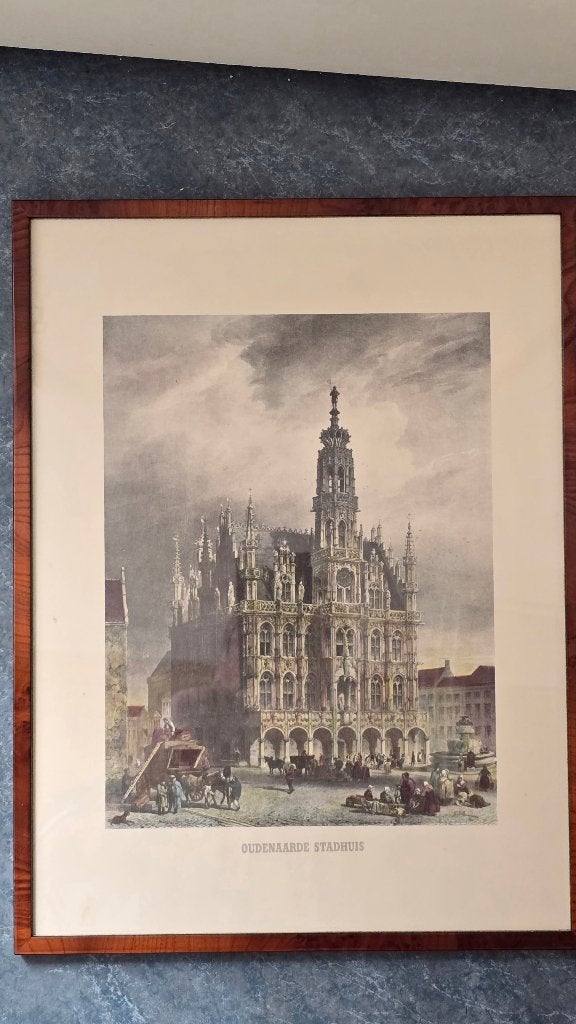 Afdruk Stadhuis Oudenaarde, Antiek en Kunst, Ophalen, Klassiek, Aquarel, Papier