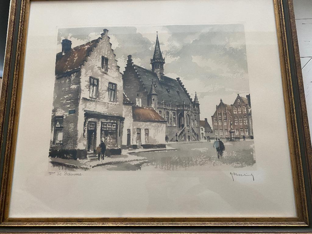 Roger Hebbelinck, lithografie "zicht op Damme", Ophalen of Verzenden
