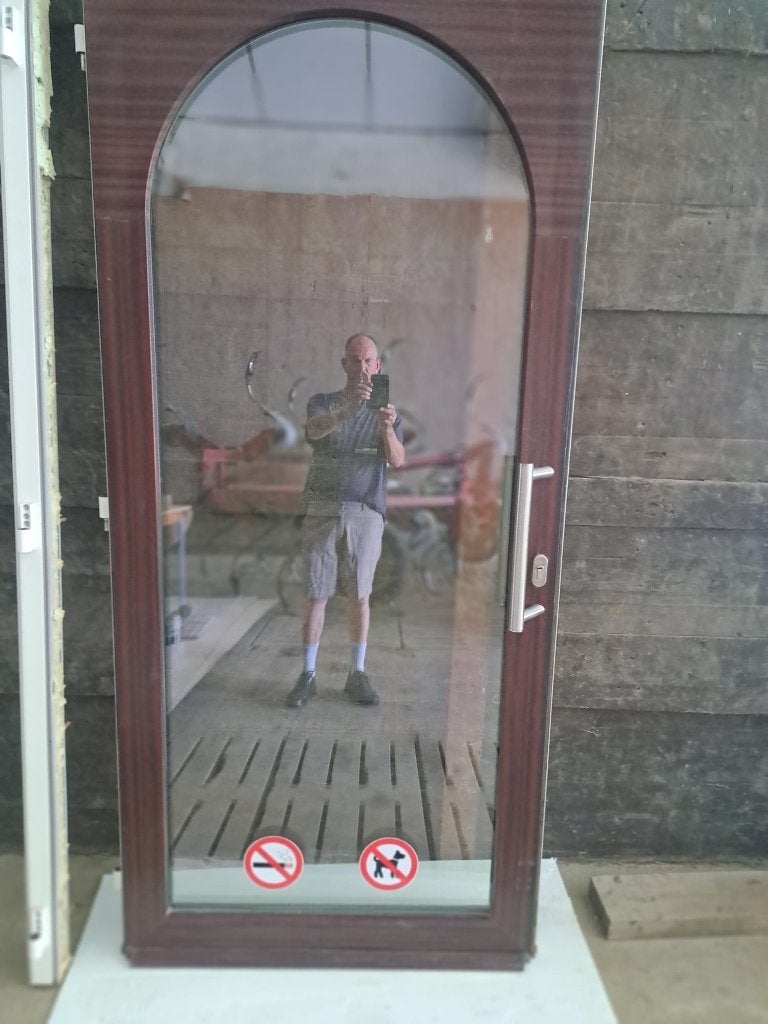 Voordeur PVC met houtlook en vals rond bovenaan, Ophalen, Gebruikt, 80 tot 100 cm, Buitendeur
