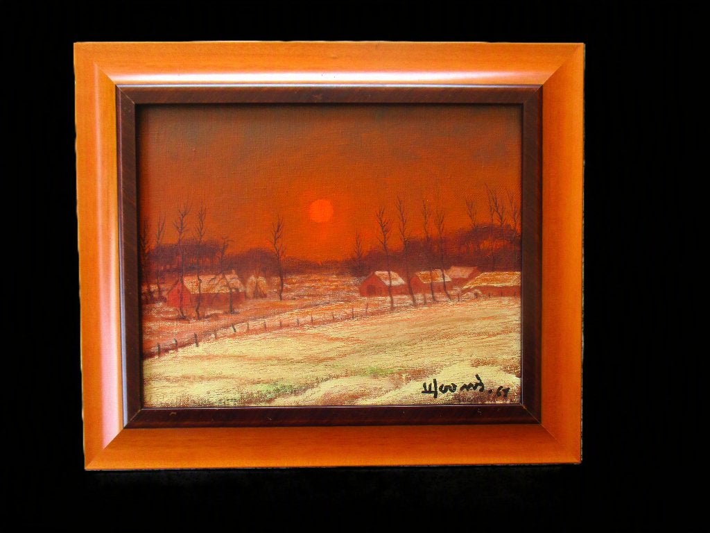 Vue hivernale avec coucher de soleil, signé., Enlèvement ou Envoi, Peinture à l'huile, Daté, Paysage