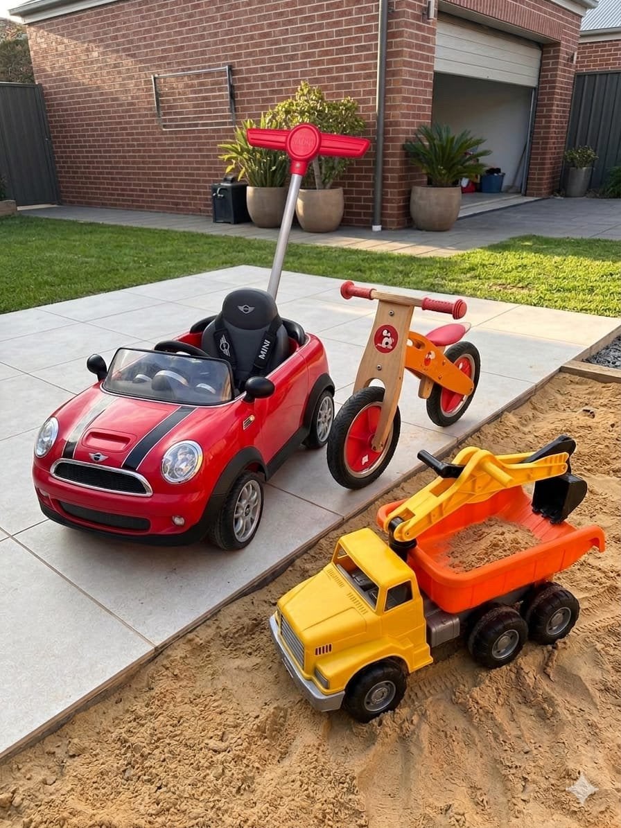 Mini Cooper duwauto, loopfiets en stoere vrachtwagen, Ophalen, Duwvoertuig