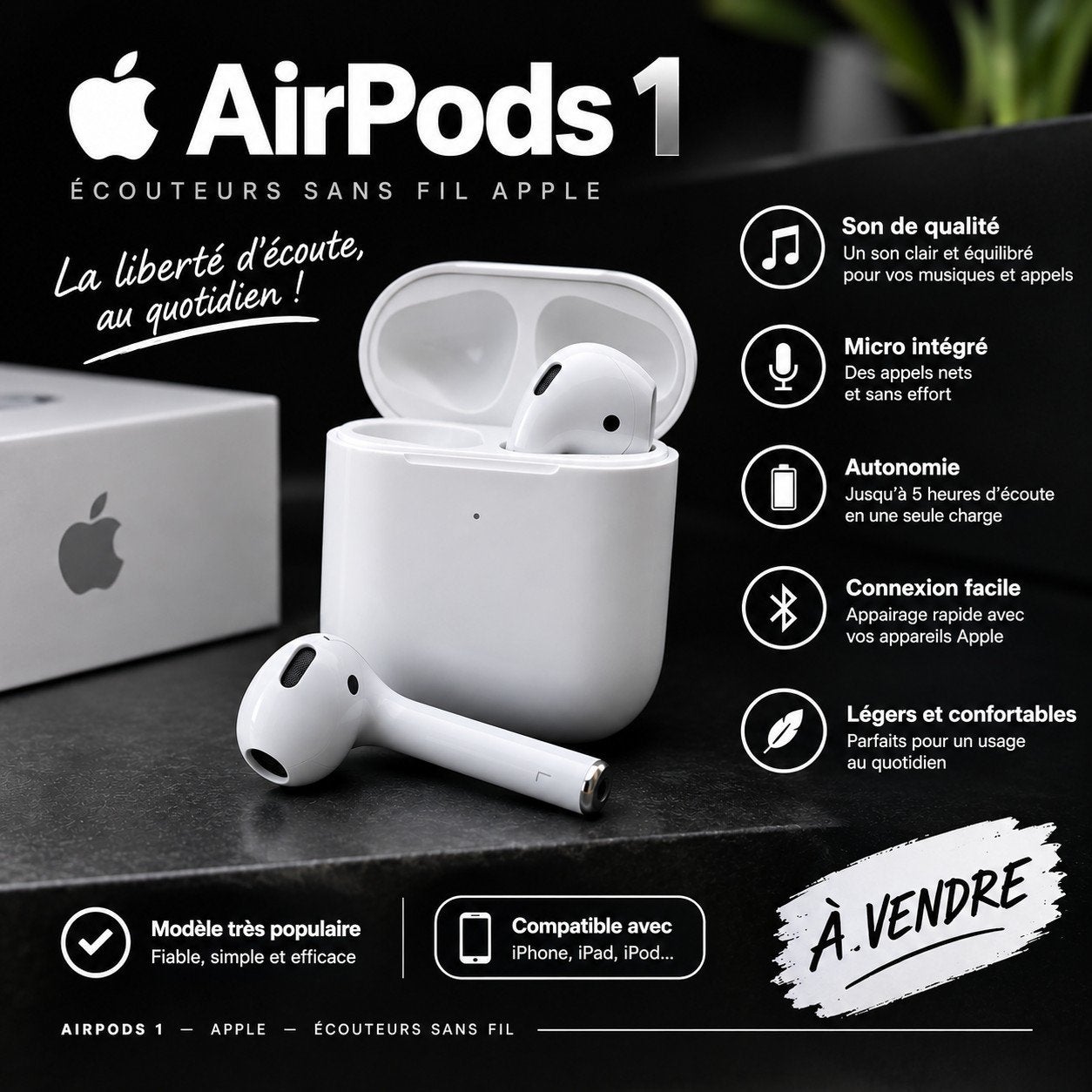 Air Pods 1, Télécoms, Enlèvement ou Envoi, Bluetooth, Apple, Utilisé