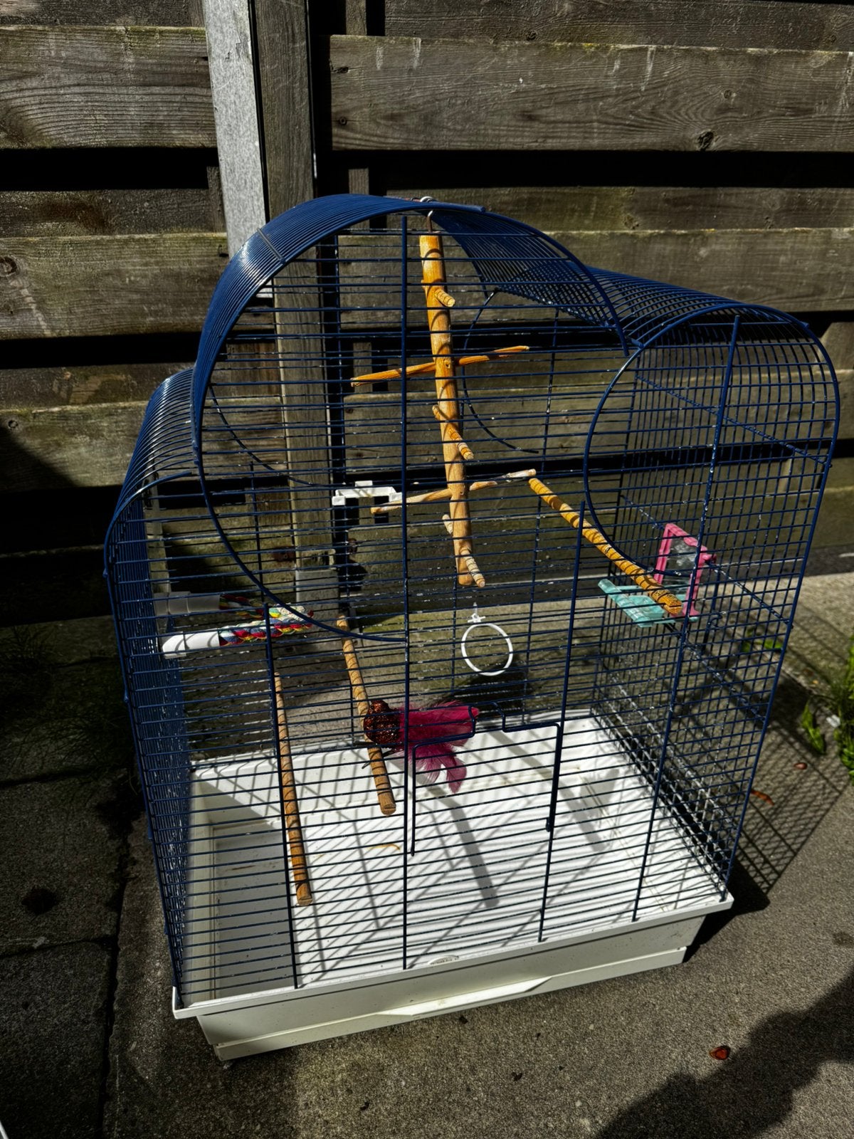 Vogelkooi blauw/wit met toebehoren, Dieren en Toebehoren, Ophalen, Gebruikt, Vogelkooi