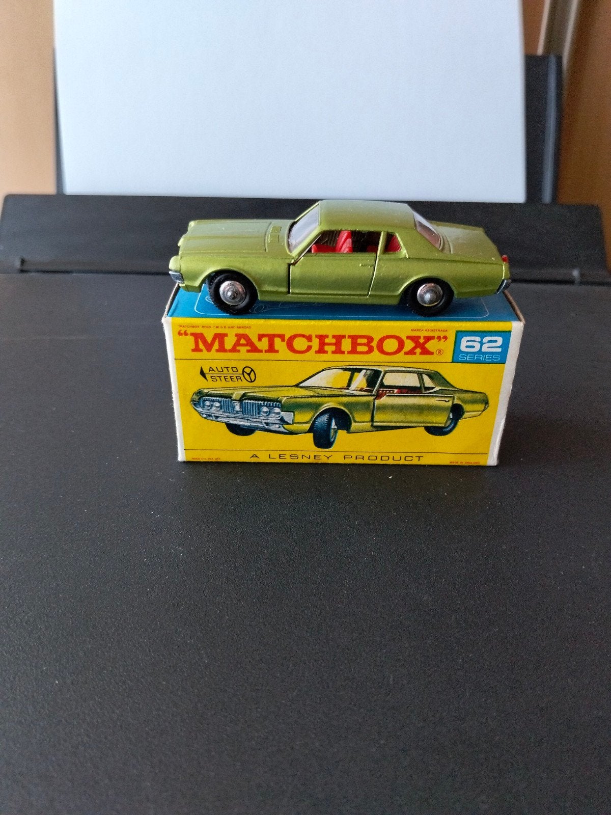 Boîte d'allumettes Mercury Cougar n 62 et boîte F « à direc, Enlèvement ou Envoi, Voiture, Matchbox