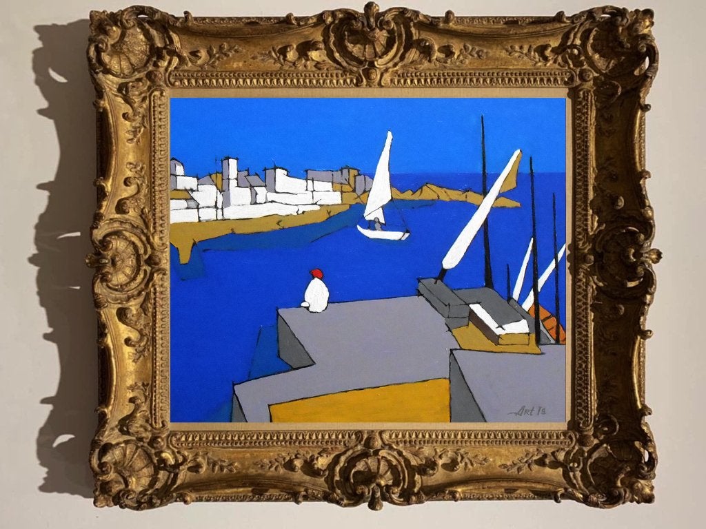 Peinture « Un endroit calme » « Quelque part sur la côte », Textile, Peinture à l'huile, Paysage, Sur cadre en bois