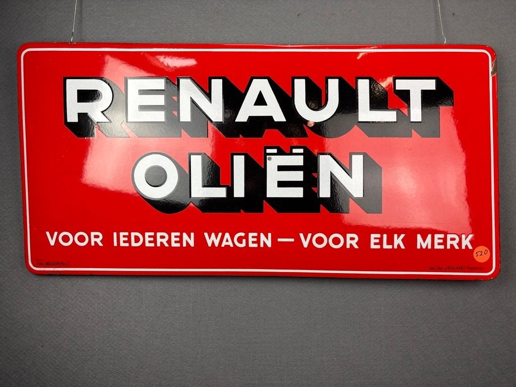 Renault olien emaille reclamebord Beckers BoZ 94x46cm, Verzamelen, Ophalen of Verzenden, Gebruikt, Reclamebord