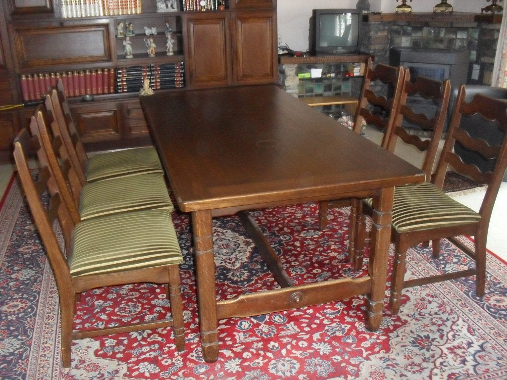 - Eiken eetkamer tafel plus  6 stoelen met stoffen zitvlak, Ophalen, Gebruikt, Klassiek, 4 tot 6 stoelen