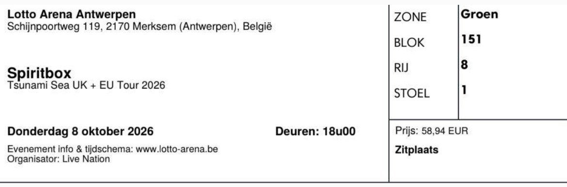 1x ticket Concert Spiritbox in Lotto Arena, goede zitplaats, Tickets en Kaartjes