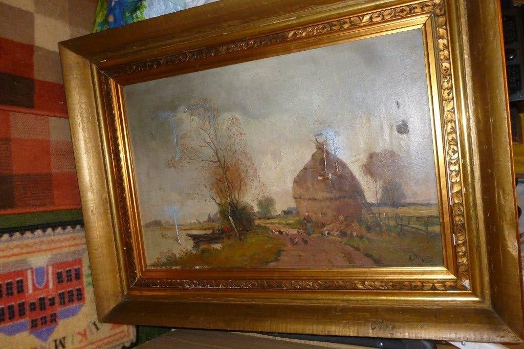 peinture sur toile anc. av cadre doré or fin chêne 102x77, Antiquités & Art, Art | Peinture | Classique, Peinture à l'huile, Signé