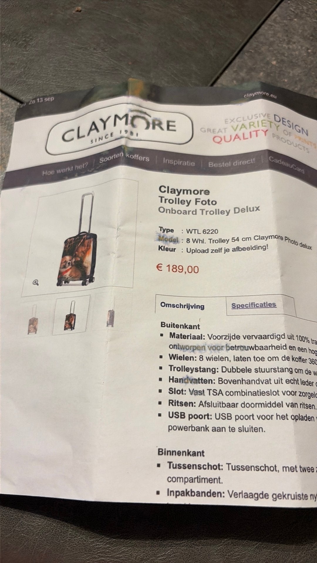 Trolley 54cm met eigen foto, Tickets en Kaartjes, Cadeaubon
