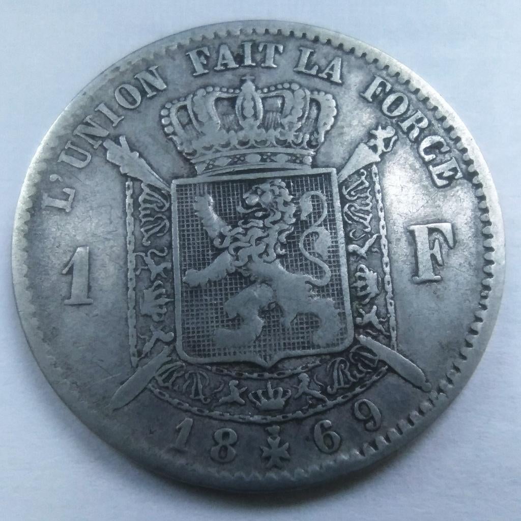 België 1 frank 1869 FRA - Leopold 2, Zilver, Ophalen of Verzenden, Losse munt, Zilver