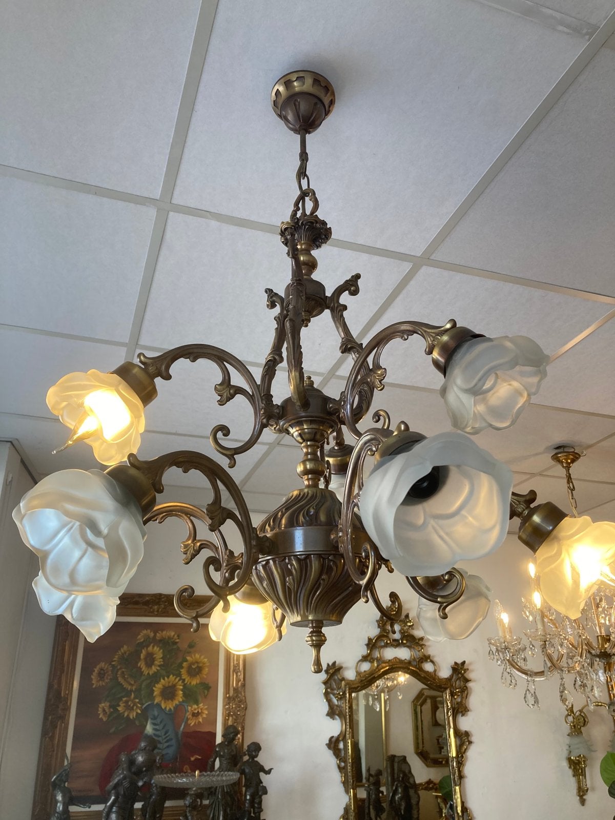 Zware bronzen kroonluchter 9 lichtpunten, Antiek en Kunst, Ophalen