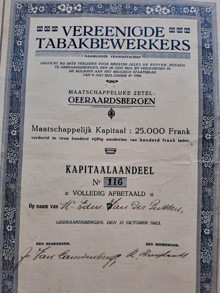 Oud aandeel “Vereenigde Tabakbewerkers Geraardsbergen”, Postzegels en Munten, Aandelen en Waardepapieren, Aandeel, 1920 tot 1950