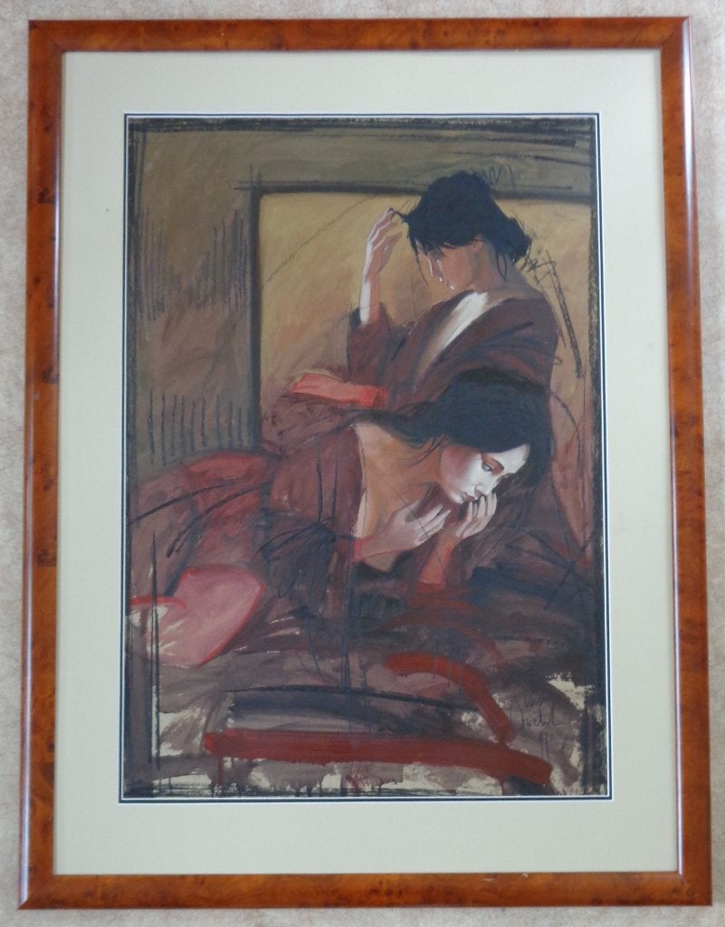 NICO VRIELINK / SENSUELE VROUWEN / OLIEVERF / 128x97cm KADER, Antiquités & Art, Enlèvement, Verre, Signé, Peinture à l'huile