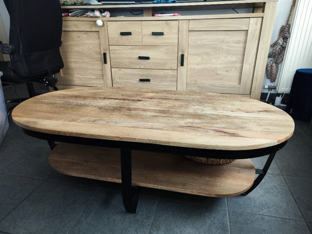 Salontafel hout met zwart metaal, Ophalen, Zo goed als nieuw, Ovaal, Metaal