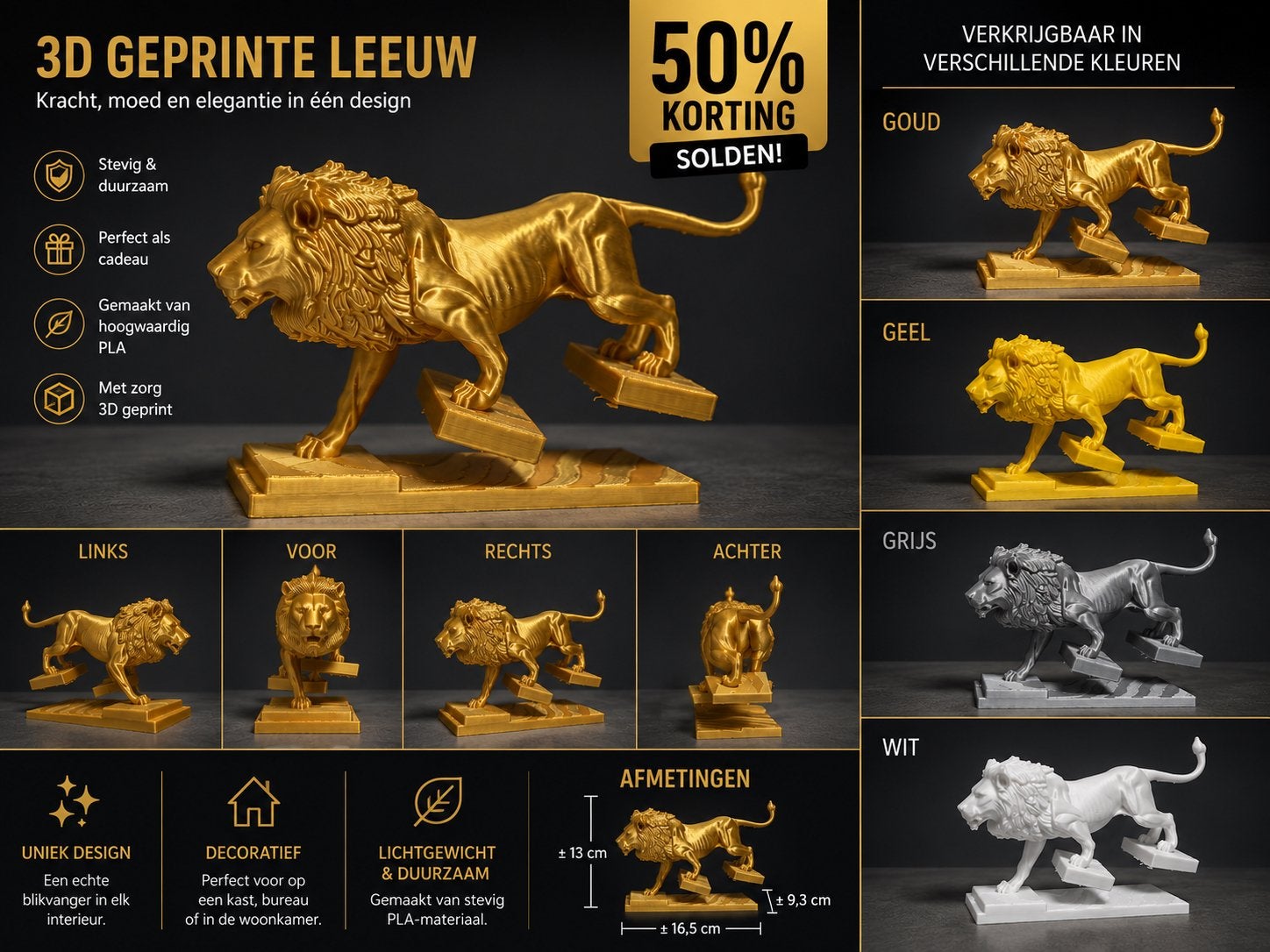 3D Geprinte Leeuw – Luxe Decoratie, Enlèvement ou Envoi, Comme neuf