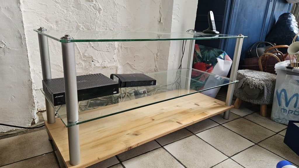 Meuble TV moderne bois & verre – 2 étagères – bon état, Huis en Inrichting, Kasten |Televisiemeubels, Gebruikt, Minder dan 100 cm