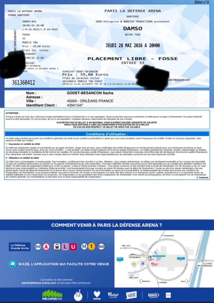 Place concert Damso Paris la Défense Arena le 28 Mai 2026, Tickets & Billets, Une personne, Mai