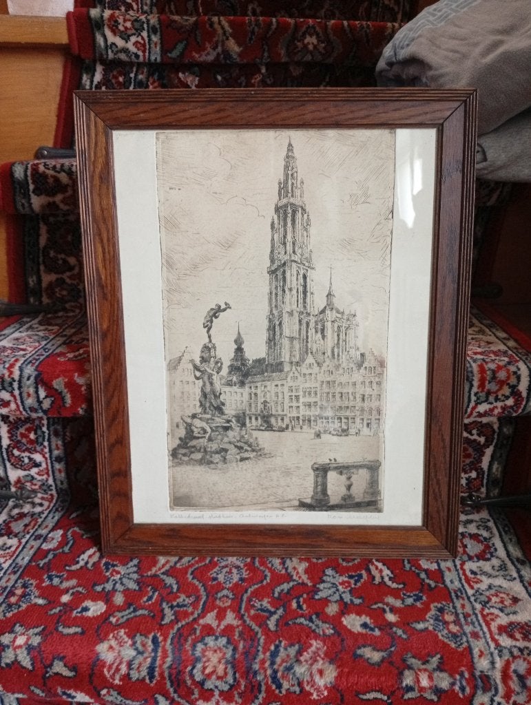malfliet antwerpen grote markt, Antiek en Kunst, Genummerd, 38 cm, 1950 - 1999, Ets