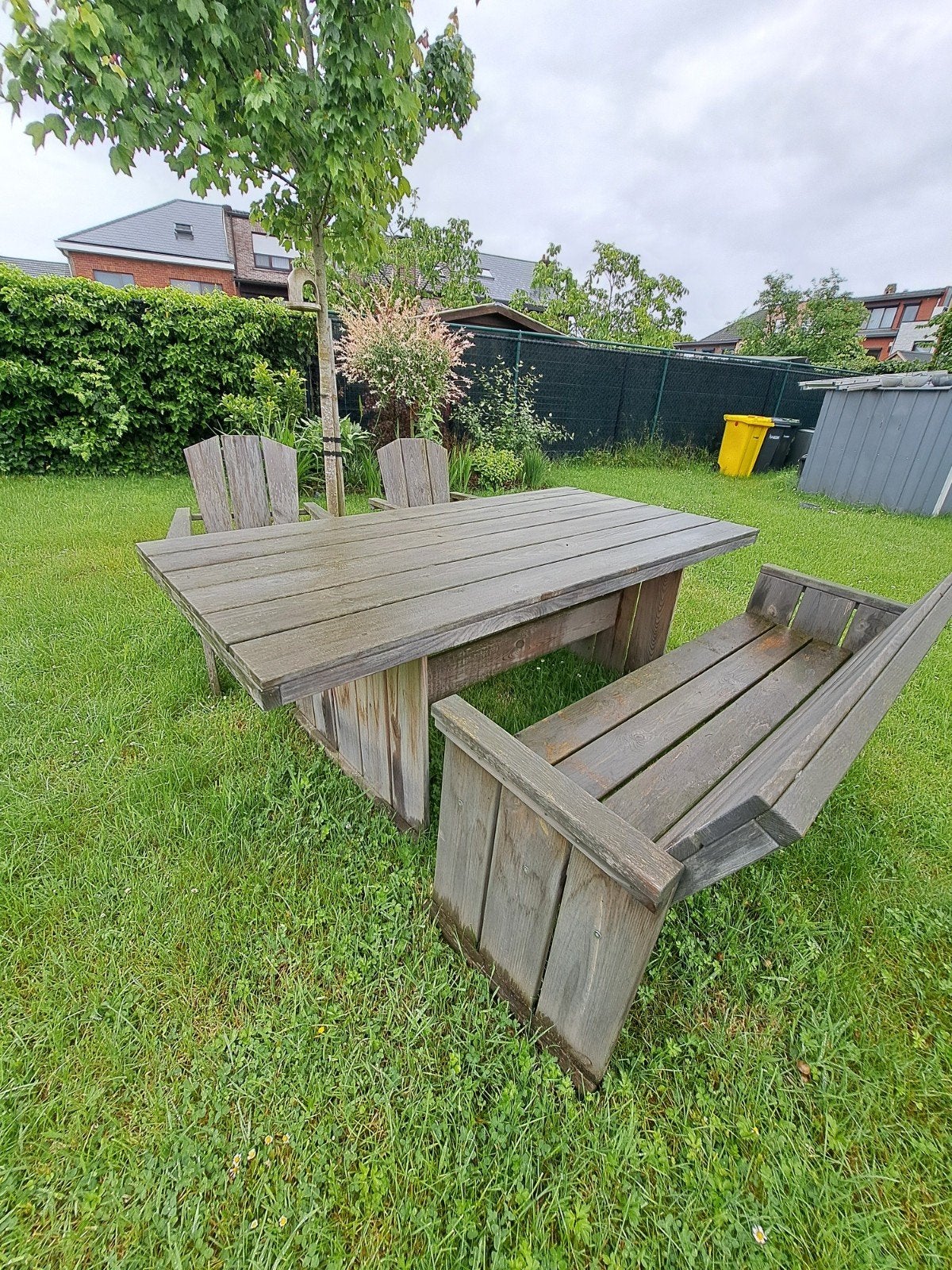 Robuuste houten tuinset 200x100cm + bank + stoelen, Tuin en Terras, 5 zitplaatsen, Gebruikt, Ophalen of Verzenden, Bank