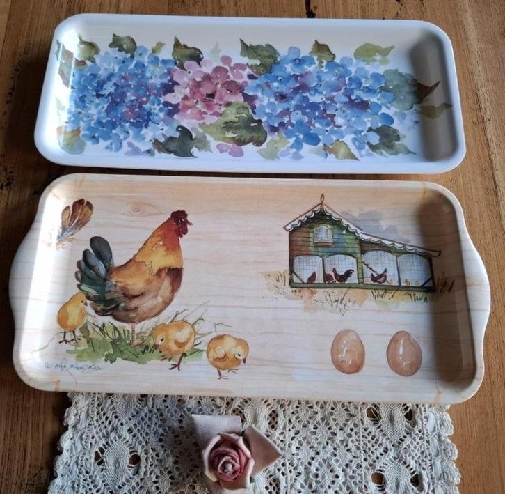2 Alie Kruse Kolk dienblaadjes, kip, Hortensia, LENTE, PASEN, Divers, Pâques, -, Comme neuf, -, -